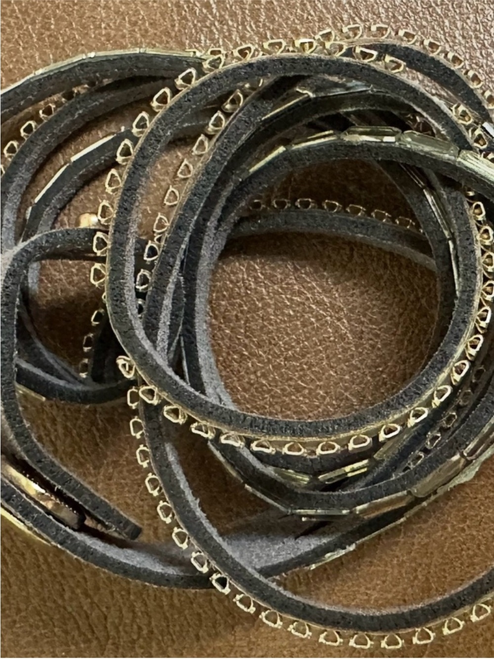 Black Leather Wrap Bracelet with Gold Accents
